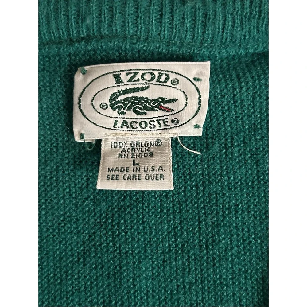 Izod Lacoste Vintage V-Neck Acrylic Sweater, 70-80's Made In USA Kelly Green L